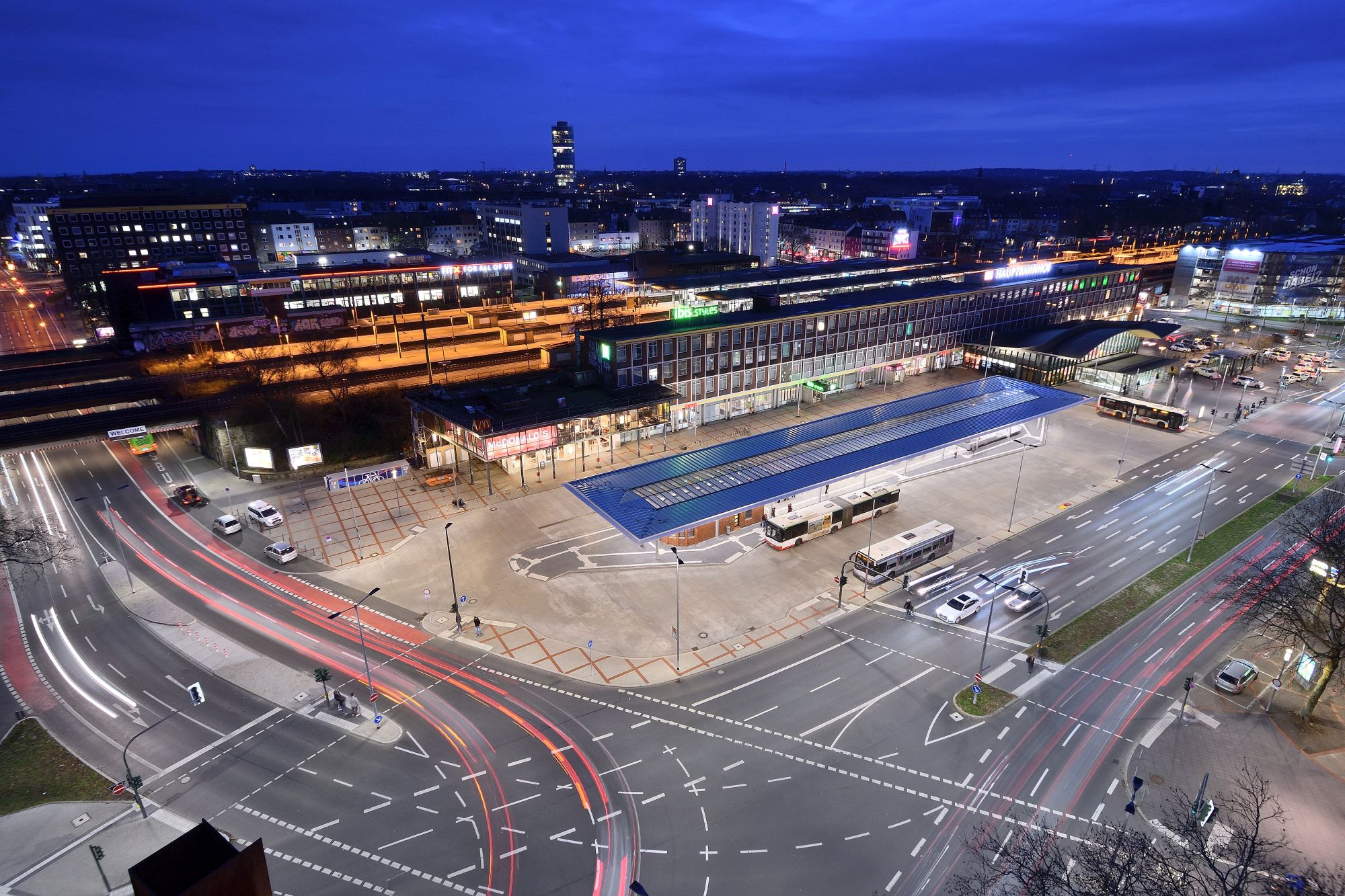 View of Bochum main station from above at night